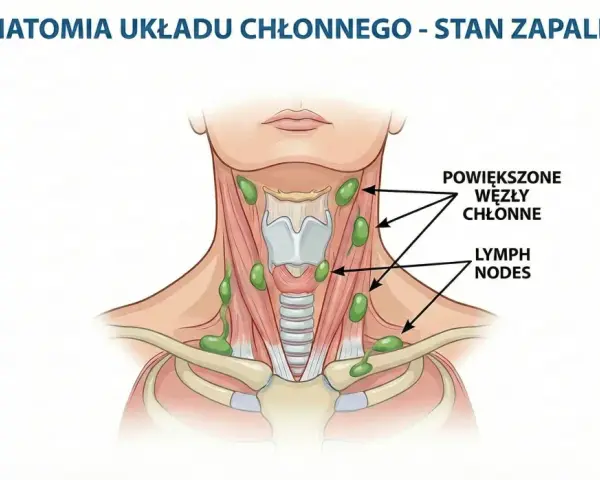 Anatomia układu chłonnego - stan zapalny. Widoczne powiększone węzły chłonne na szyi.