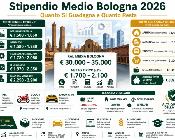 Stipendio medio a Bologna 2026: RAL 30-35k, netto 1.700-2.100€. Costo vita inferiore a Milano, ma potere d'acquisto simile.