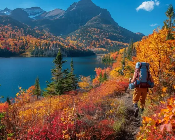 Un randonneur explore un sentier bordé d'arbustes aux couleurs flamboyantes, idéal pour randonner en octobre en France, avec un lac bleu et des montagnes en arrière-plan.