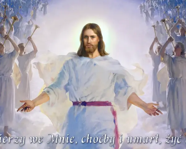 Jezus Chrystus z aniołami grającymi na trąbach. Wierni, niczym żołnierze Chrystusa, otaczają Go w chwale.
