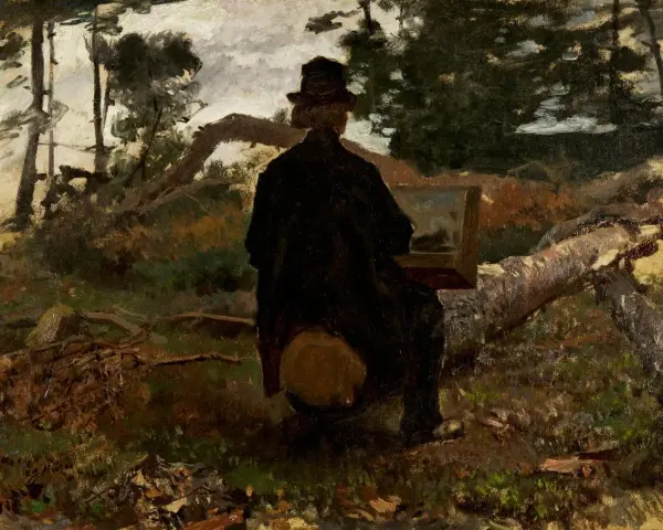 Un peintre hollandais du 20ème siècle, chapeau sur la tête, peint en plein air, assis sur une souche au milieu d'une forêt.