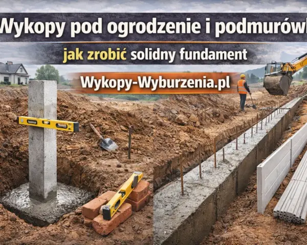 Solidny fundament pod ogrodzenie w trakcie budowy. Betonowy słup z poziomicą, łopata i koparka w tle.