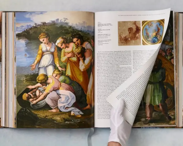 Obras de arte de Rafael Sanzio, como "El hallazgo de Moisés", en un libro abierto.