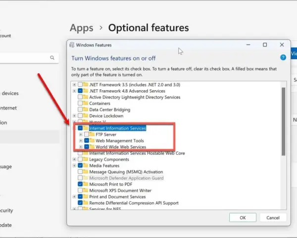 Windows-Einstellungen: "Internet Information Services" (IIS) wird als optionales Feature aktiviert, inklusive FTP und Web-Diensten.