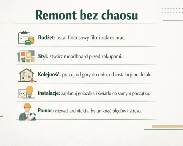 Jak zacząć remont mieszkania? Poradnik: budżet, styl, kolejność prac, instalacje i pomoc architekta.