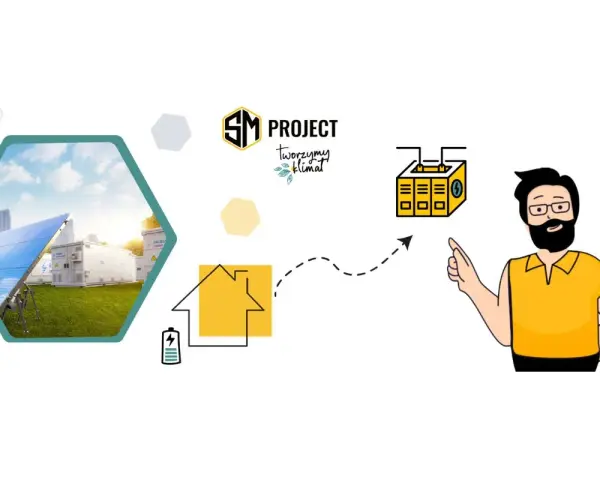 SM Project: podłączenie fotowoltaiki do domu. Ilustracja pokazuje panele słoneczne, magazyn energii i mężczyznę wskazującego na schemat.