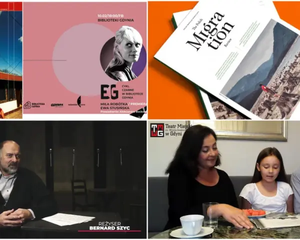 Cztery obrazy: plakat filmowy, okładka magazynu, mężczyzna przy stole, rodzina.