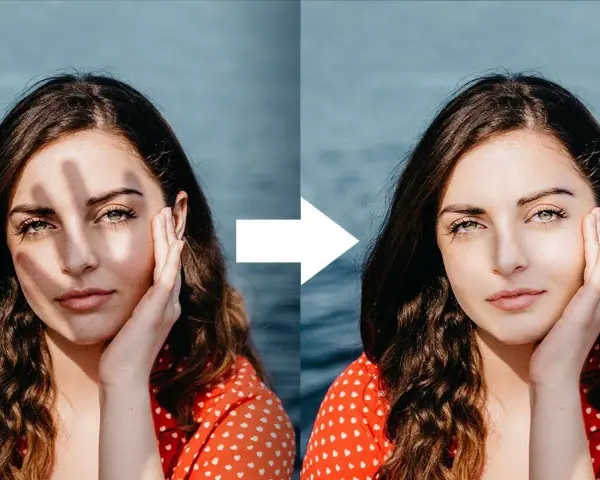 Efekt photoshop cień: usunięto niechciane cienie z twarzy kobiety, rozjaśniając jej skórę i podkreślając urodę.
