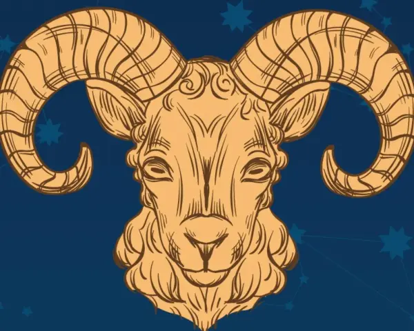 Ilustracja przedstawia głowę barana z charakterystycznymi, zakręconymi rogami. To znak zodiaku Baran, symbolizujący energię i odwagę.