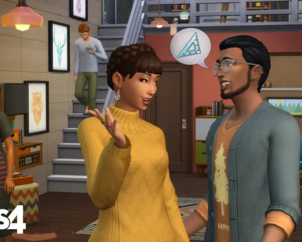 Sims 4: Una pareja discute ideas, mientras otro Sim baja las escaleras.