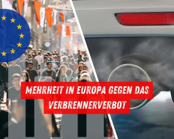 EU-Flagge über Menschenmenge, daneben Auspuff mit Rauch. Text: "Mehrheit in Europa gegen das verbrenner-verbot 2035 gekippt".