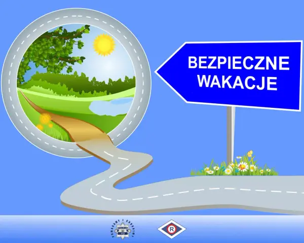Droga prowadząca do zielonego krajobrazu pod znakiem "Bezpieczne wakacje".