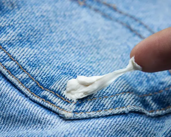 Ein Finger versucht, Kaugummi von Jeans zu entfernen. Der klebrige Kaugummi zieht sich zäh.