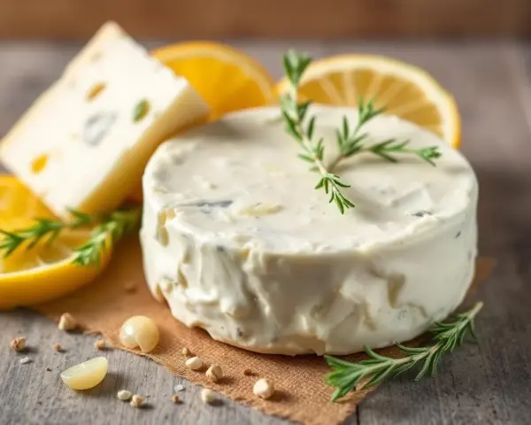 Un délice crémeux : fromage frais ail et fines herbes, garni de romarin frais, avec des tranches de citron et un morceau de fromage bleu en arrière-plan.