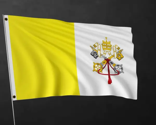 Flaga Watykanu z dwoma pionowymi pasami: żółtym i białym. Na białym pasie znajduje się herb Watykanu z kluczami i tiarą.