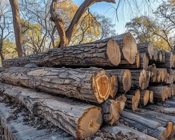 Gros troncs de bois d'acacia empilés, prêts pour le feu de camp. Leurs cernes révèlent leur âge.