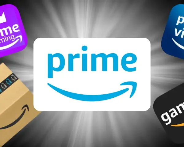 Logo Amazon Prime, Prime Video, Prime Gaming i paczka z taśmą Prime. Sprawdź aktualną prime video cena!