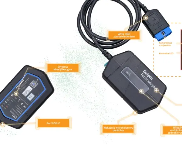 Urządzenie diagnostyczne Delphi Technologies z wtykiem OBD, portem USB-C i wskaźnikami LED.
