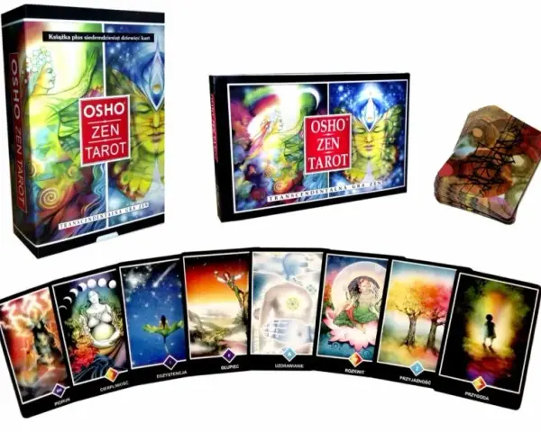 Odkryj znaczenie kart Osho Zen Tarot. Zestaw zawiera pudełko, książkę i karty z mistycznymi ilustracjami, np. "Egzystencja", "Rozkwit", "Przygoda".