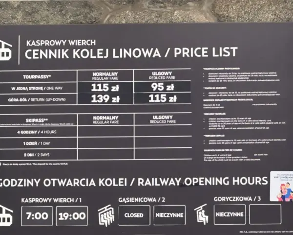 Kasprowy Wierch cennik kolejki: normalny 115 zł w jedną stronę, ulgowy 95 zł. Góra-dół normalny 139 zł, ulgowy 115 zł.