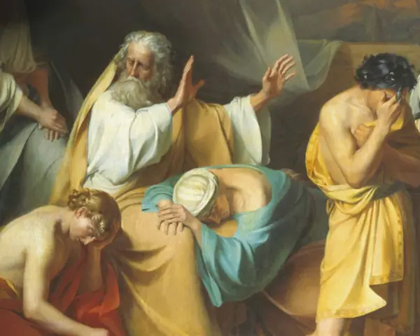 Noah, distraught, gestures as his sons mourn. This scene depicts the aftermath of Ham's transgression, leading to why Noah cursed Canaan.