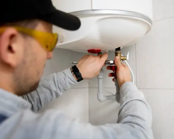 Instalator w okularach ochronnych podłącza bojler elektryczny, pracując przy rurach.