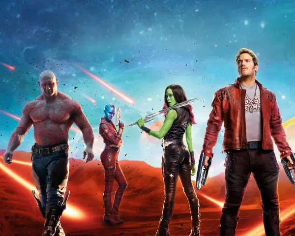 Die Guardians of the Galaxy stehen bereit, ein episches Abenteuer zu beginnen. Drax, Gamora, Nebula und Star-Lord posieren vor einem Sternenhimmel.