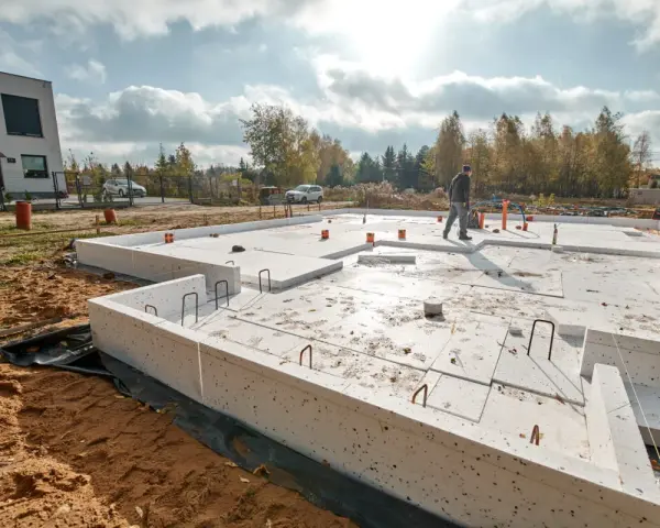 Budowa garażu murowanego: trwa wylewanie fundamentów z betonu i styropianu. Widać zbrojenie i elementy instalacji.