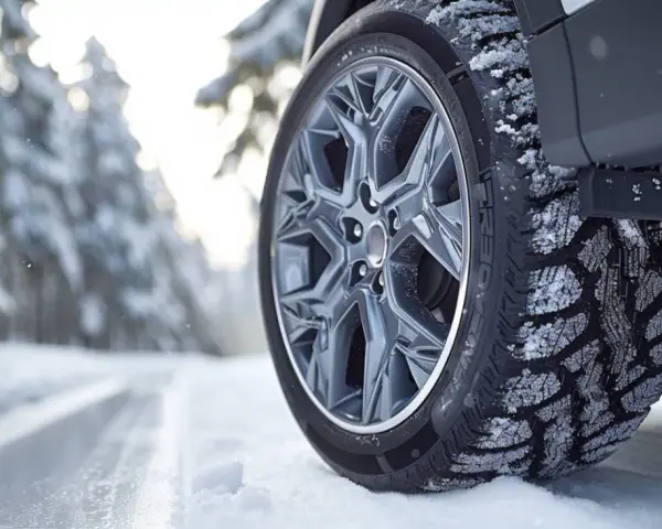Pneumatici invernali per auto elettriche su strada innevata, con cerchio in lega e battistrada coperto di neve.