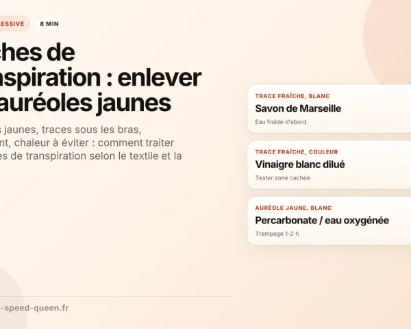 Conseils pour enlever les taches de transpiration, notamment les auréoles jaunes sous les bras. Solutions : savon de Marseille, vinaigre blanc, percarbonate.