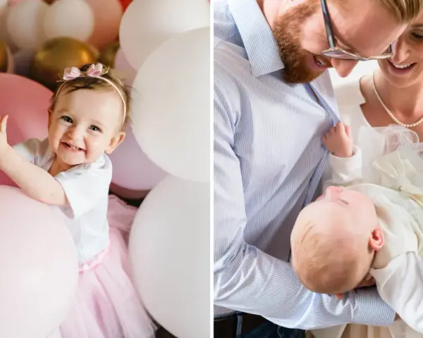 Glad baby omgiven av ballonger, och en familj som håller sitt nyfödda barn i en hjärtask-liknande dopklänning.