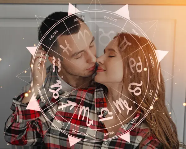 Para Panny, jaki znak zodiaku pasuje? Romantyczna para na tle koła zodiaku, symbolizującego astrologiczne dopasowanie.