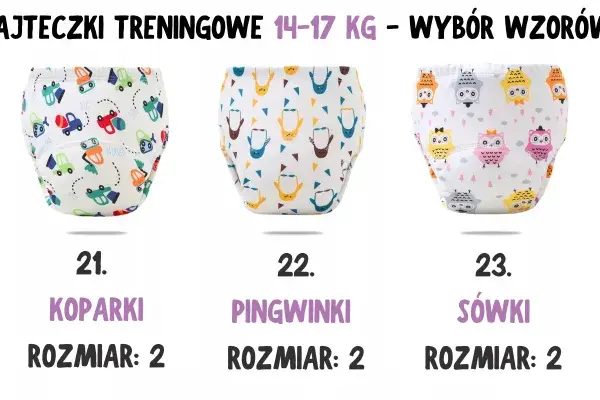 Trzy wzory majtek treningowych dla dziewczynki: koparki, pingwinki i sówki. Rozmiar 2, na wagę 14-17 kg.