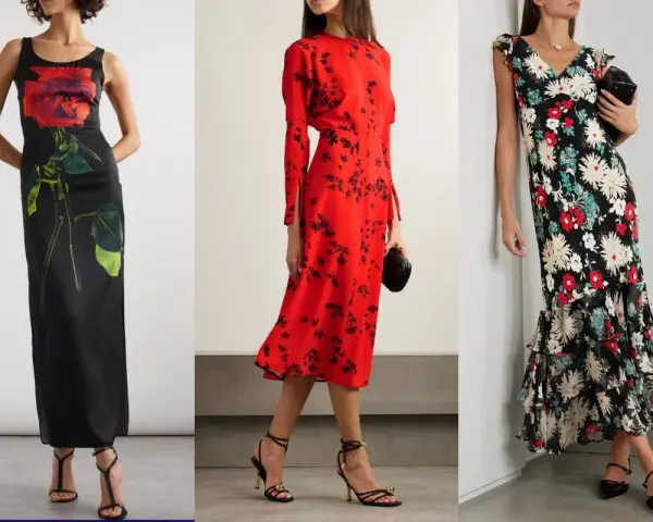 Tre donne indossano abiti a fiori. Quali scarpe mettere con un vestito a fiori? Sandali eleganti e décolleté completano i look.