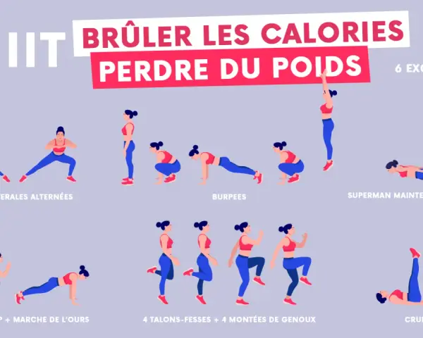 Programme HIIT pour brûler des calories et perdre du poids : fentes, burpees, superman, squats jump, talons-fesses, montées de genoux et crunchs.