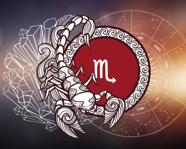 Skorpion, symbol najsilniejszego znaku zodiaku, w otoczeniu kryształów i koła zodiaku.