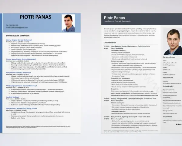 CV Piotra Panasa, lidera zespołu operacji bankowych, z podaniem o pracę.