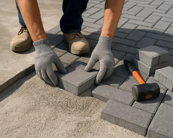 Mani guantate posano con cura le piastrelle grigie, creando un nuovo percorso. Cemento e martello sono pronti per completare il lavoro.