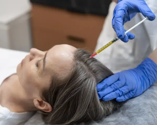 Una mano con guante azul aplica una inyección en el cuero cabelludo de una mujer, buscando aliviar el dolor y estimular el crecimiento del cabello.