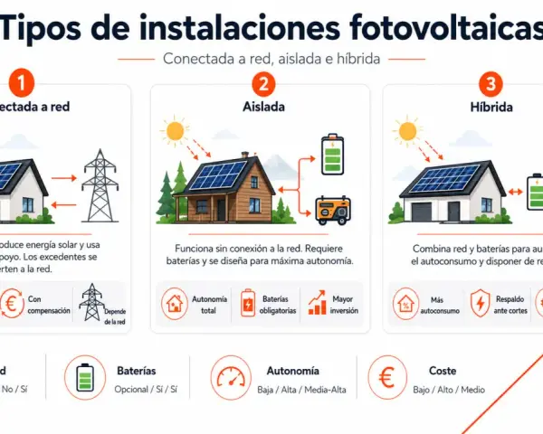 Tipos de autoconsumo fotovoltaico: Conectada a red, aislada e híbrida. Cada una con sus características y beneficios.