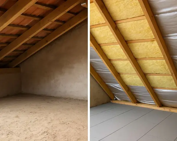 Sottotetto prima e dopo l'isolamento con lana di roccia per sottotetto. Ora è pronto per essere abitato!