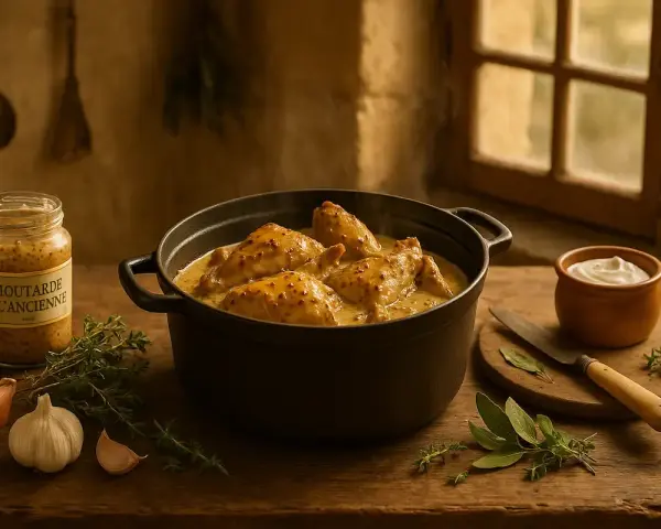 Un plat fumant de lapin à la moutarde, servi dans une cocotte en fonte, avec des ingrédients frais disposés autour.