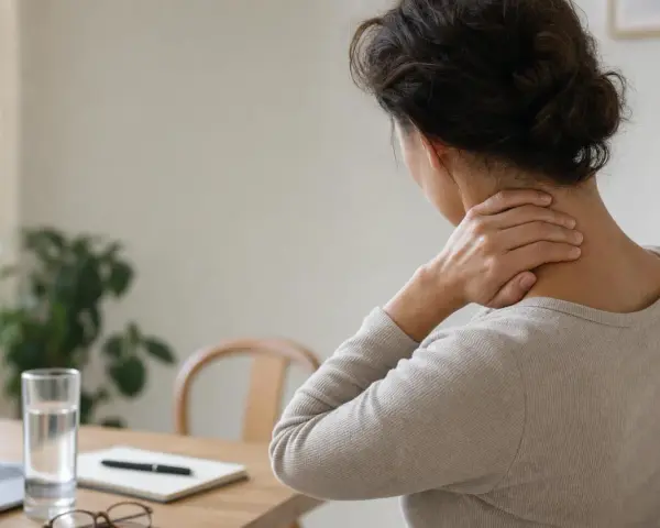 Donna con mal di testa che si massaggia il collo, suggerimenti su come far passare il mal di testa.