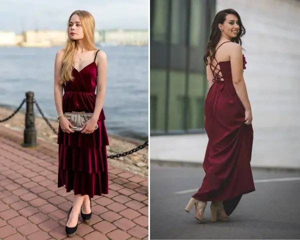 Eleganckie stylizacje: jakie buty do bordowej sukienki? Dwie kobiety prezentują bordowe kreacje, jedna w welurowej sukience midi i czarnych szpilkach, druga w długiej sukni i beżowych sandałkach.