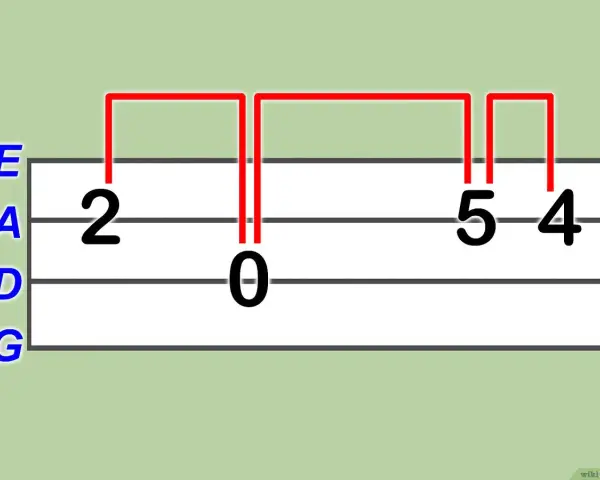 Diagramm zeigt Mandoline Akkorde: E, A, D, G Saiten mit Fingersatzmarkierungen 2, 0, 5, 4.