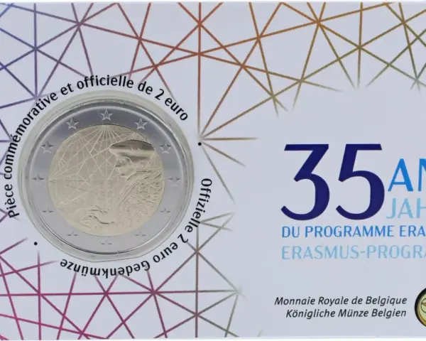 Pièce commémorative 2 euros 35 ans du programme Erasmus 1987-2022. Valeur pièce 2 euros.