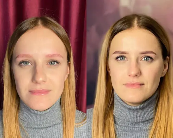 Efekt metamorfozy brwi: henna pudrowa przed i po. Piękne, naturalne brwi po zabiegu.