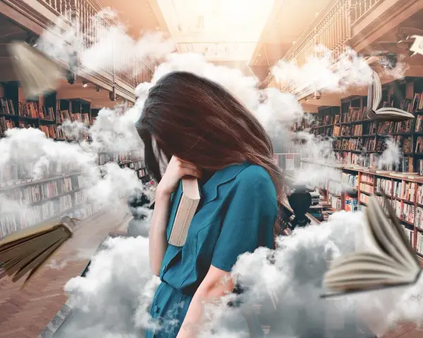 Dziewczyna z książką w chmurach, jak w Psalmie 126, otoczona latającymi księgami w bibliotece.