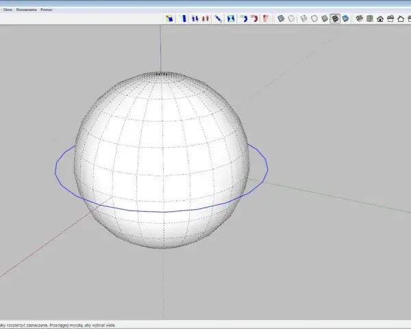 Program SketchUp pokazuje, jak narysować kulę. Widoczna jest siatka i panel z opcjami, gdzie można ustawić promień i segmenty.