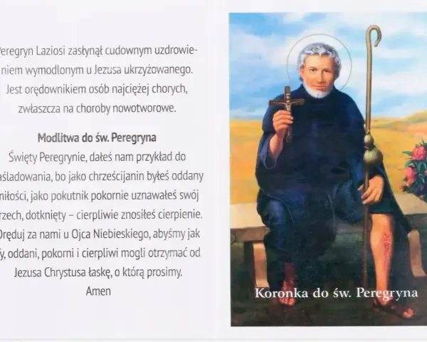 Święty Peregryn z laską i krzyżem, siedzący na ławce.